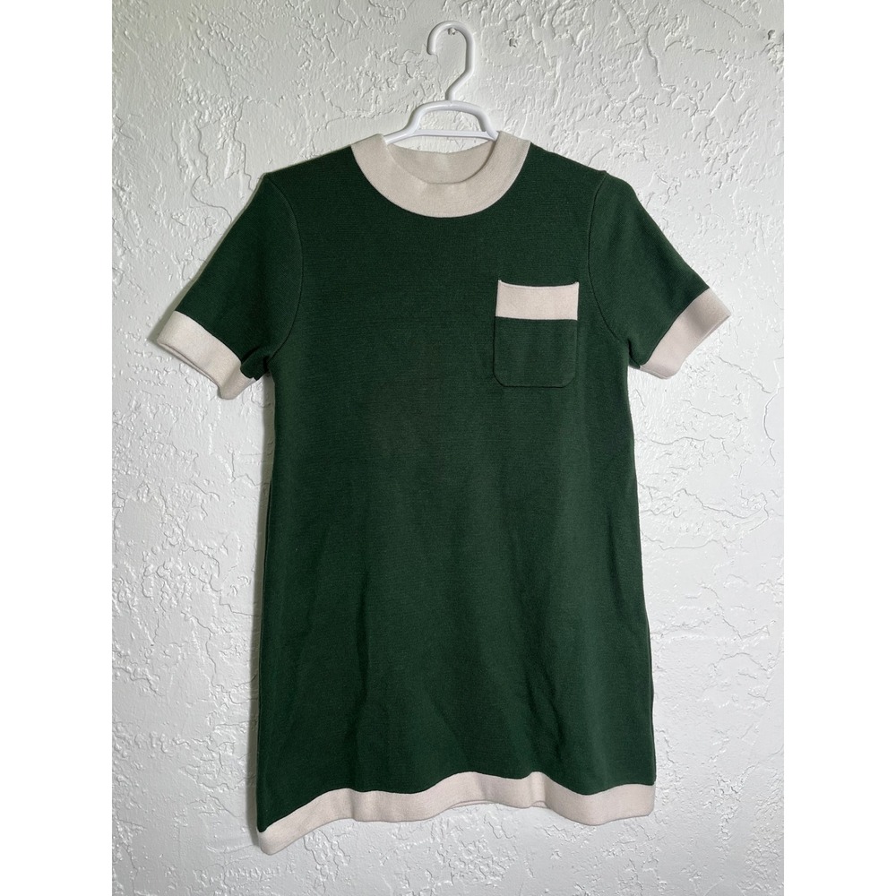 Tuckernuck Green Knit Short Sleeve Mini Dress Cream Trim Pocket Size L